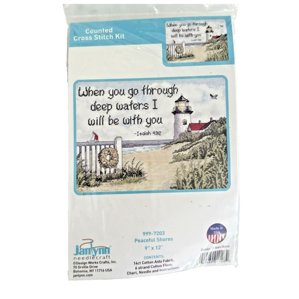 Janlynn Counted Cross Stitch Kit 9x12 Isaiah 43:2 Peaceful Shores Lighthouse NEW